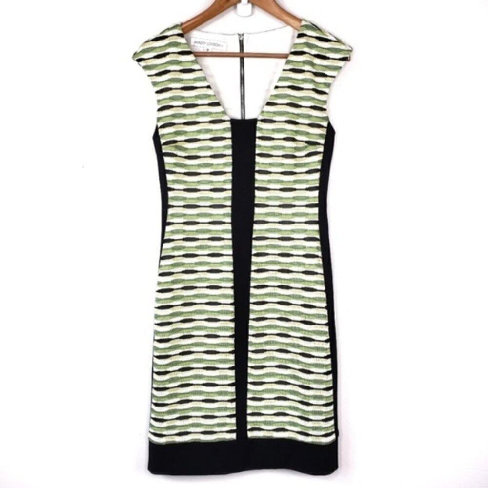 Maggy London Black/Green Knit Pattern Sheath Career Summer Dress